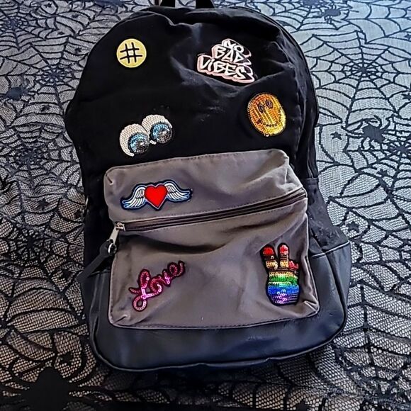 Black & Gray Psychedelic Sequin Patch Backpack - Picture 1 of 10